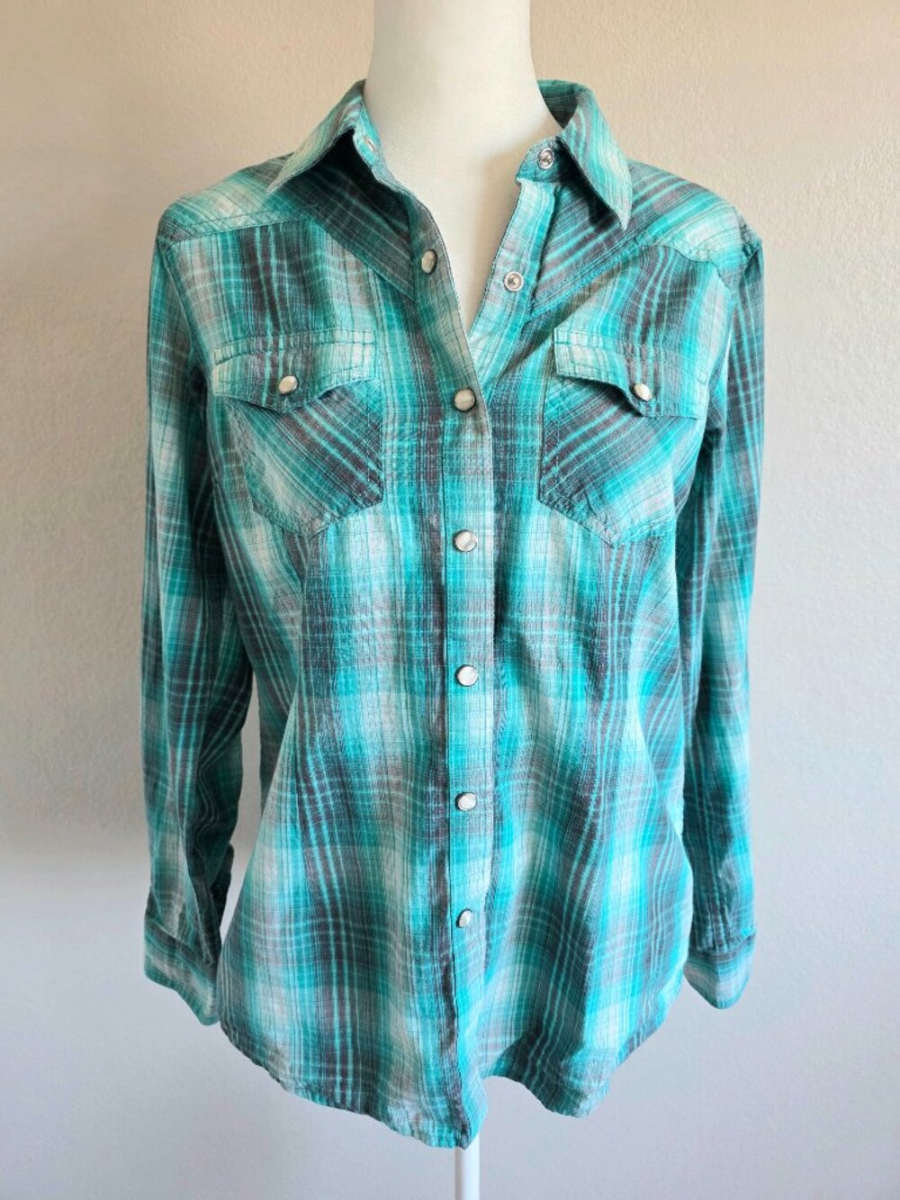 ARIAT REAL Women's Aqua Green Plaid Western Pearl Snap Shirt Long Sleeve Size S